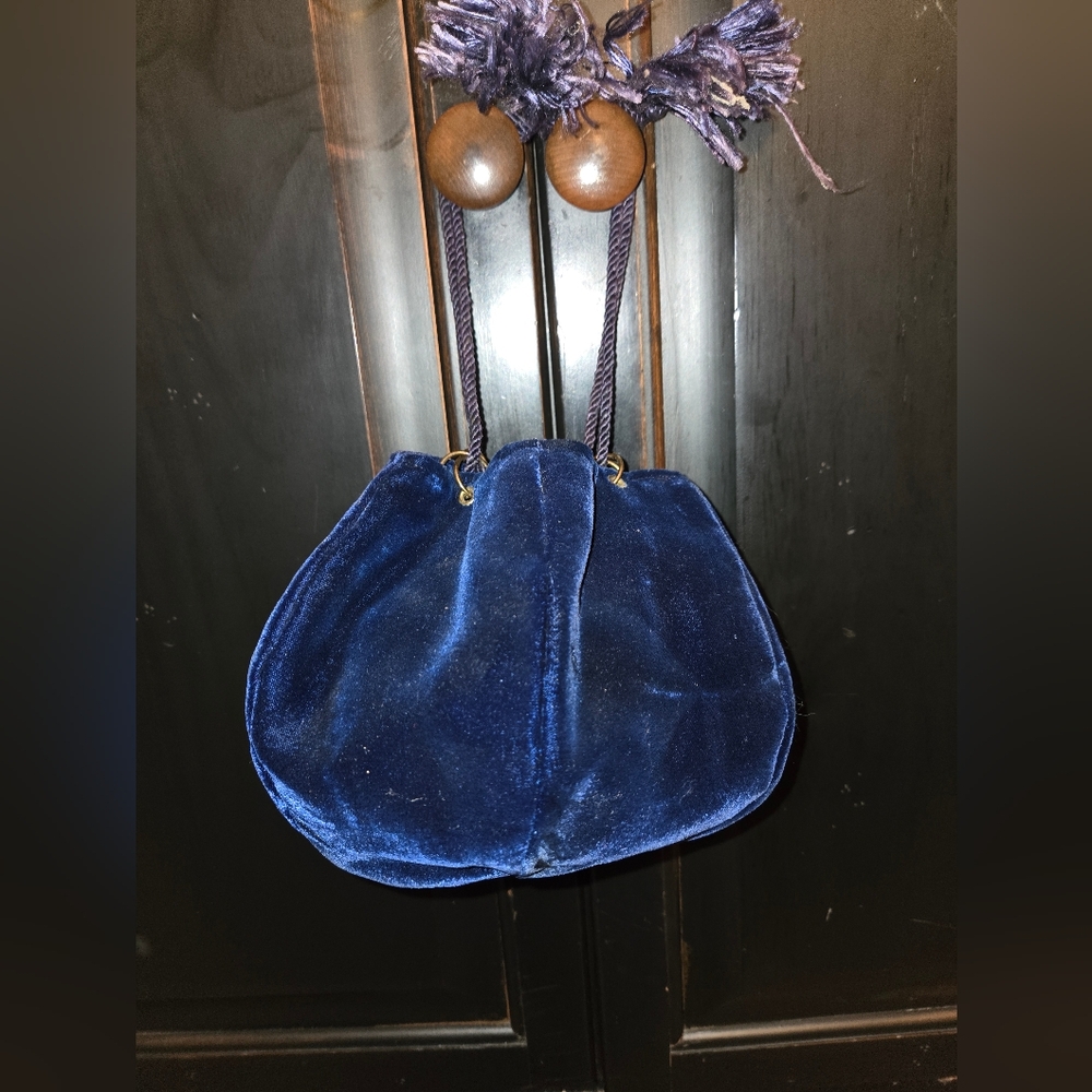 Vintage Navy Velvet Drawstring Bag